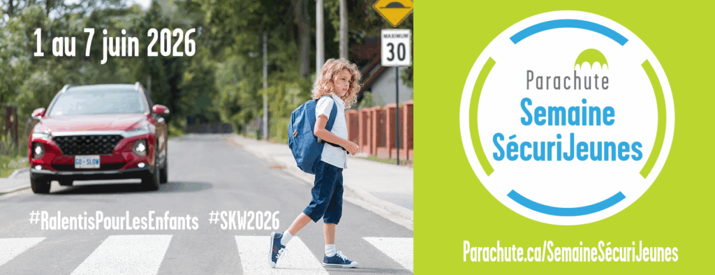 Banner for Safe Kids Week 2026 with a photo of a young boy crossing the street with an approaching red car on the other side