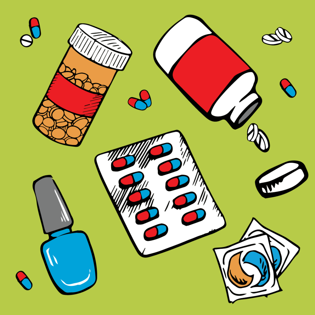 Cartoon illustration of various drugs and other possible toxic items