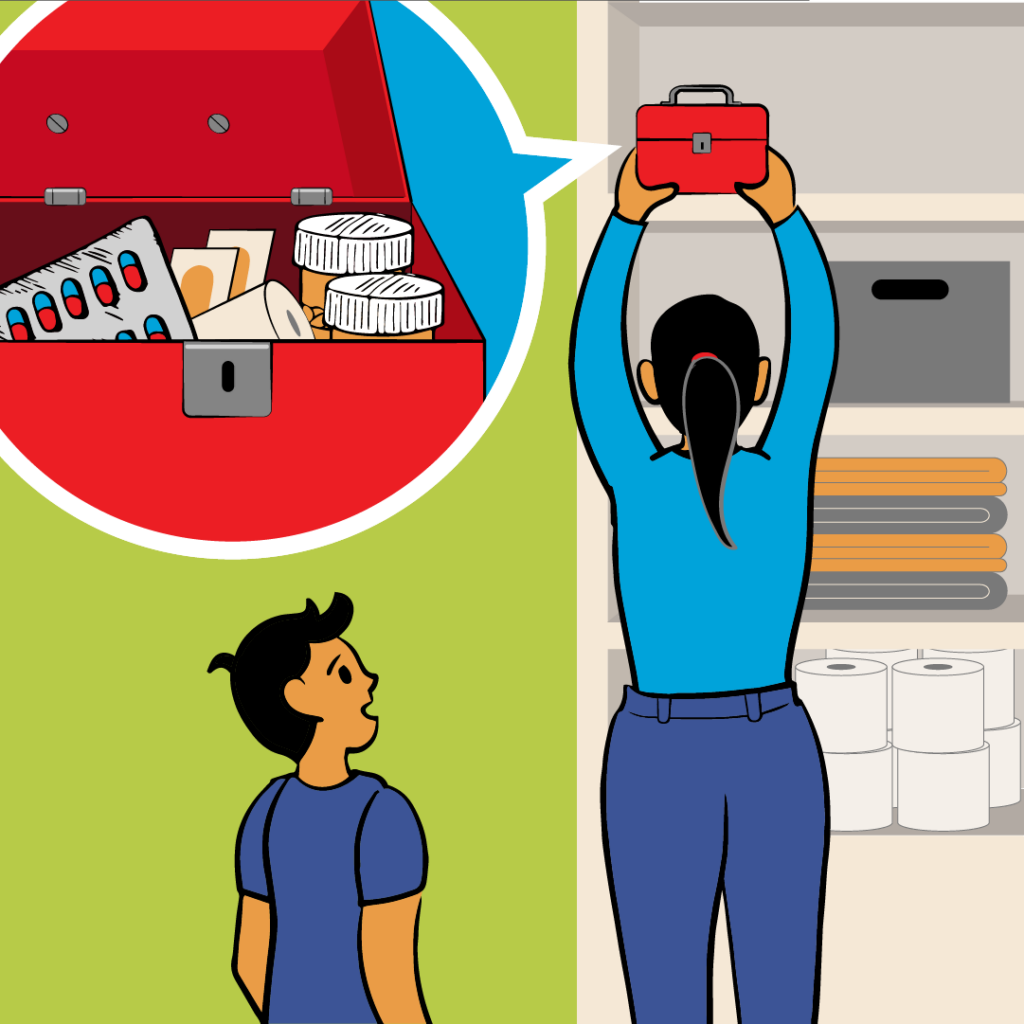 Cartoon illustration of woman putting drugs up high in locked container