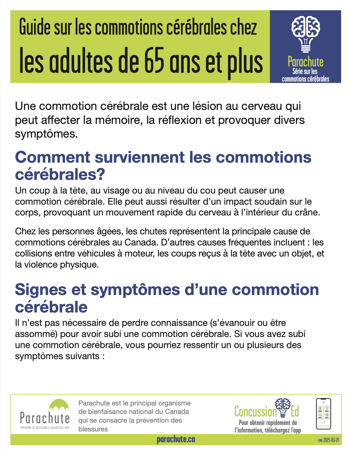 Guide sur les commotions cérébrales chez les adultes de 65 ans et plus ...