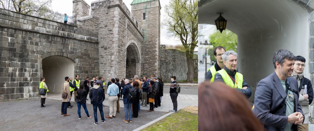 Two images joined - one of the left shows a group of people in jackets standing in front of a gateway in the wall that surrounds the old city of Quebec; the second is a closeup of a man speaking to the group, with the gateway in the background