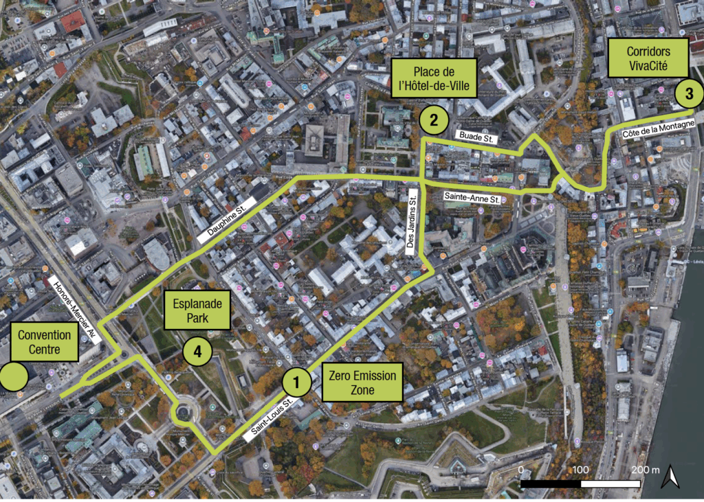 A detail of an aerial map of Quebec City showing a walking route marked in bright green with stops at the Convention Centre, Zero Emission Zone Place de l'Hôtel-de-Ville, Corridors VivaCité and Esplanade Park.