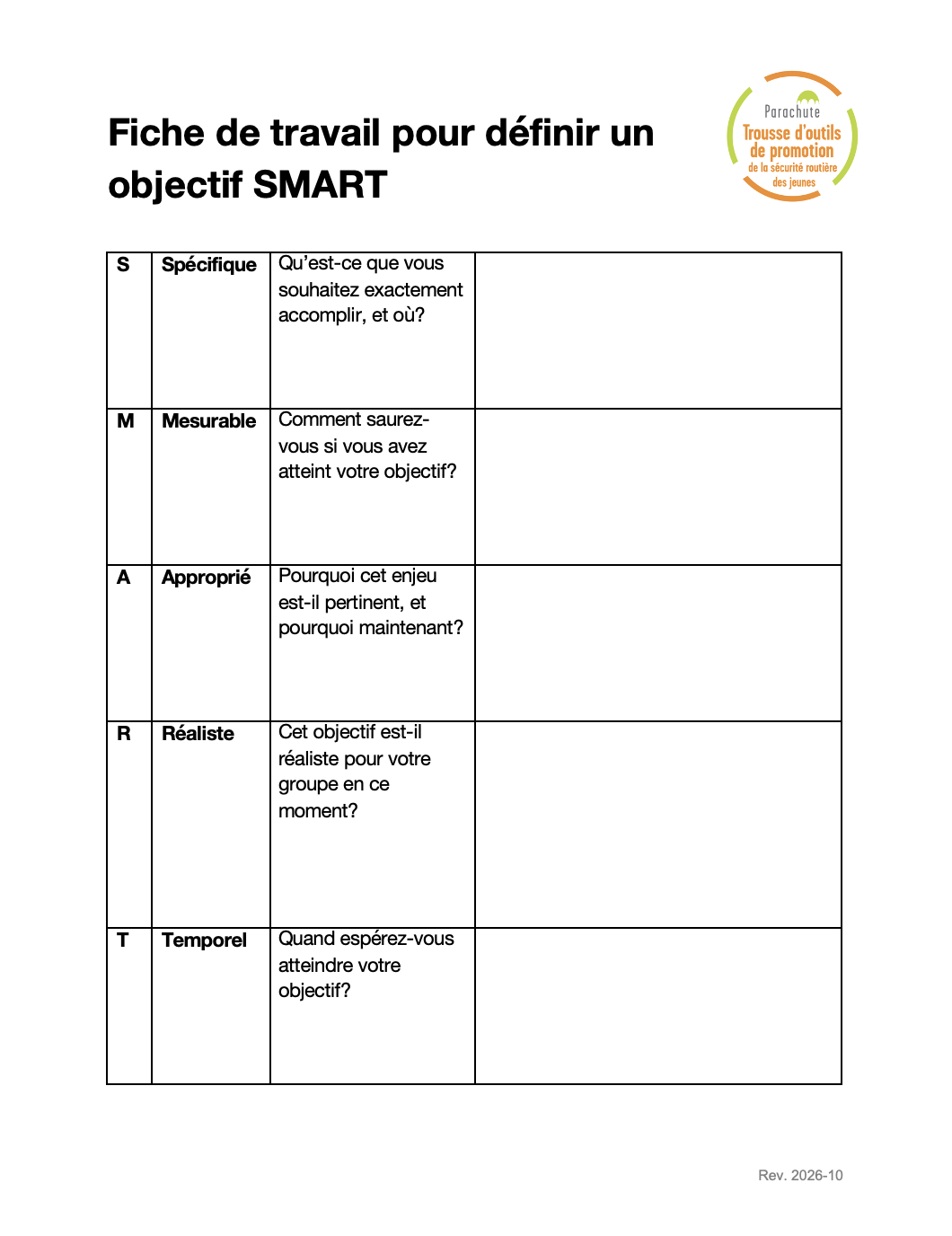 Fiche de travail pour définir un objectif SMART