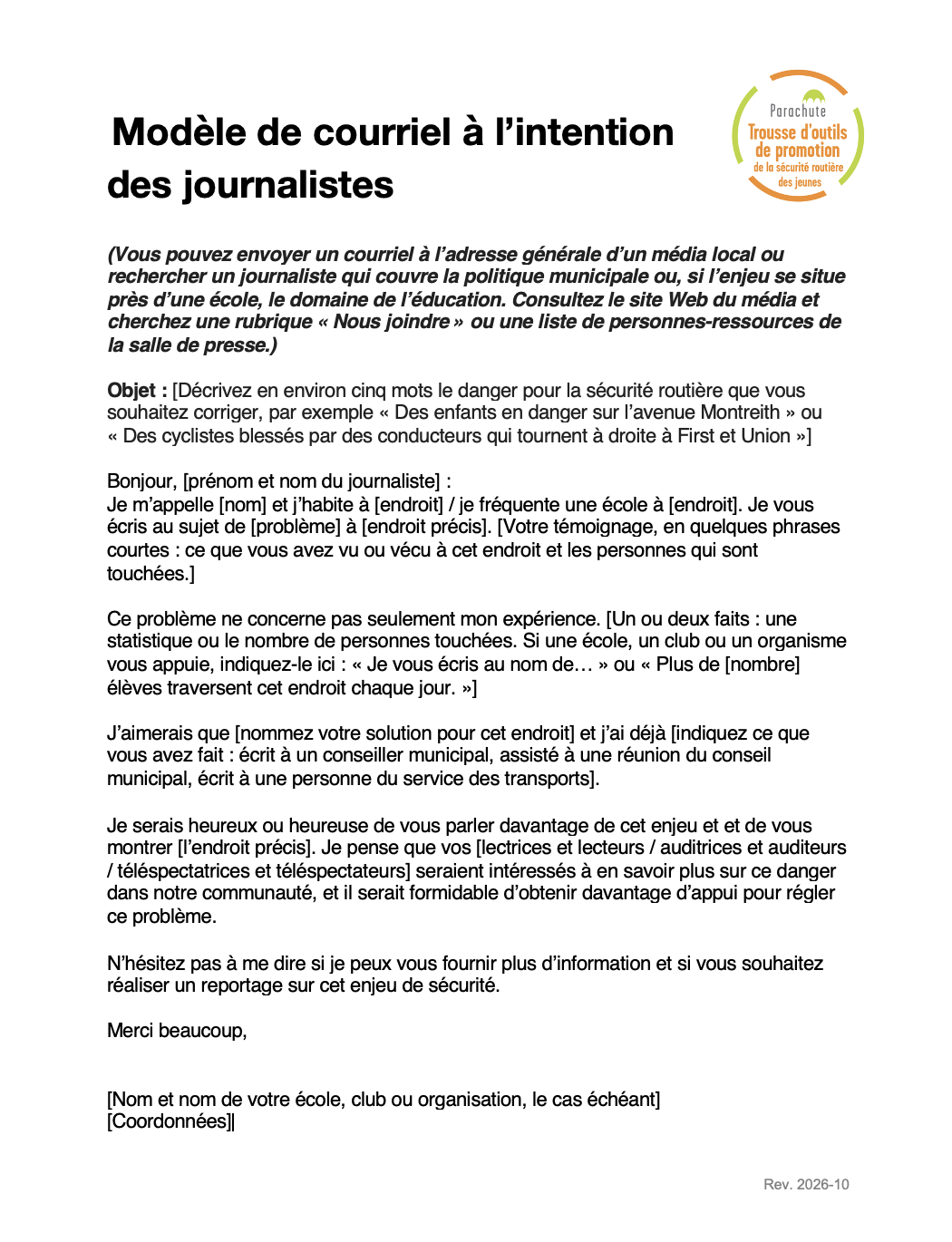Modèle de courriel à l’intention des journalistes - TOPSRJ