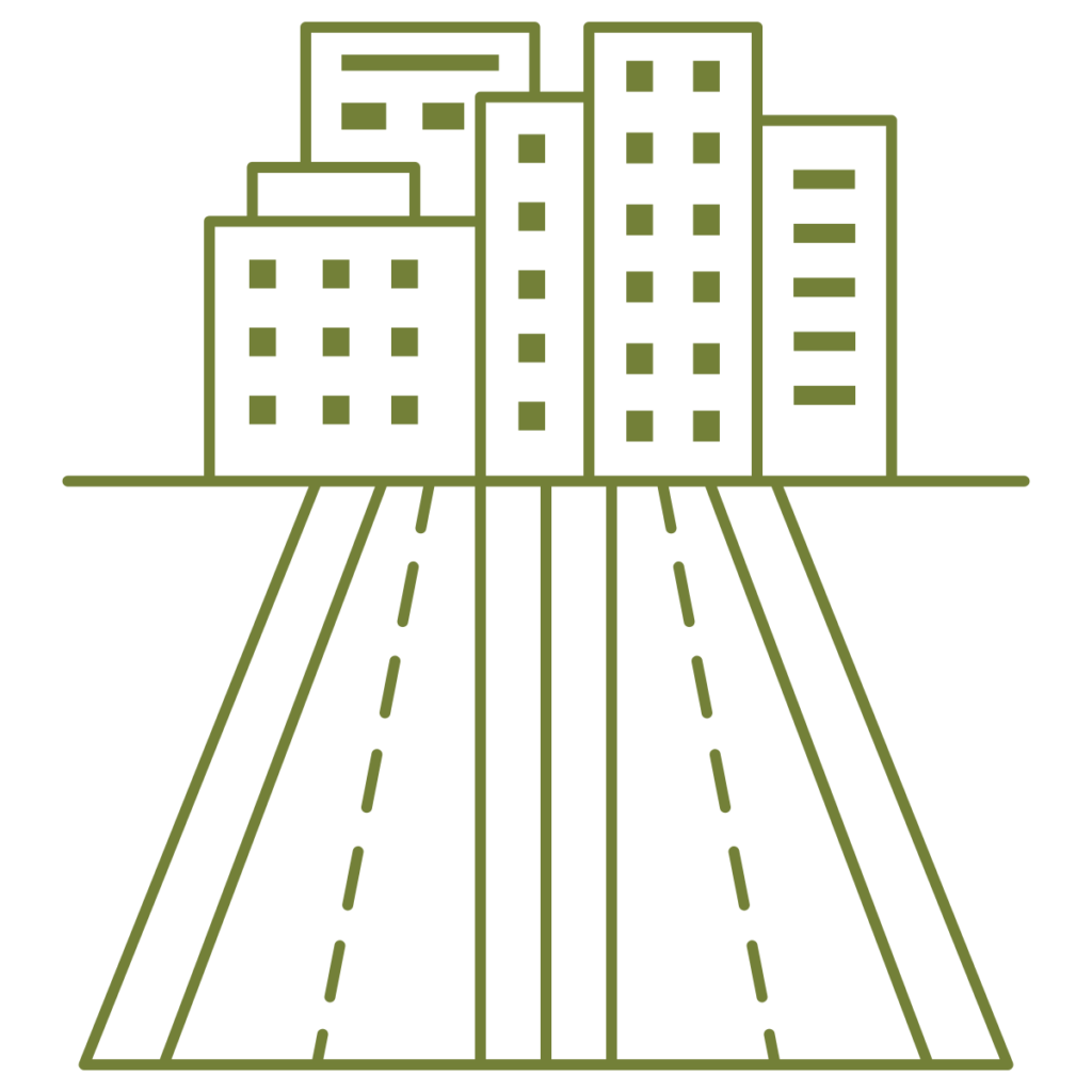 Icon of roads with a city in the background