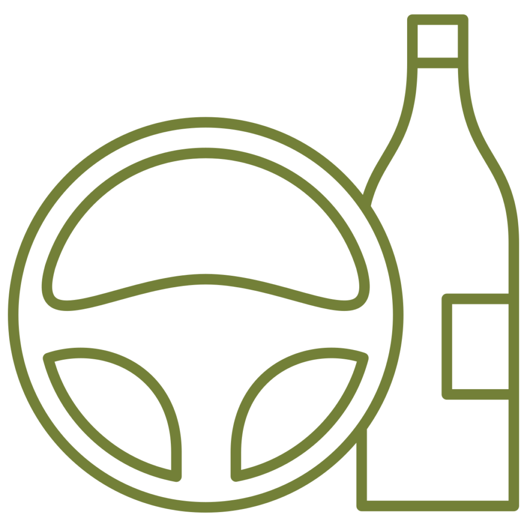 Icon of steering wheel and liquor bottle
