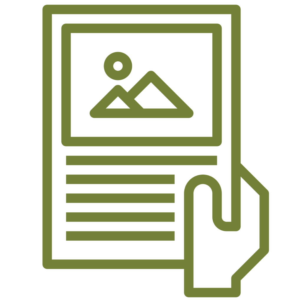 Icon of a hand holding a piece of paper with text and an image on it